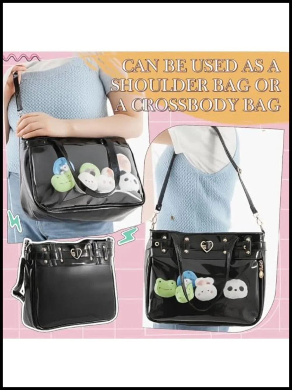 Large Ita Messenger Bag with Display Window for Pins, Anime, Kpop